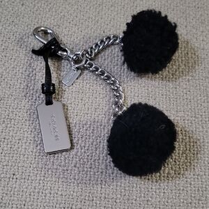 Coach Black Pom Pom Keychain with Silver Accents